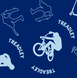Treadley BMX Hat solid and outlined bmx riders in light blue on navy fabric