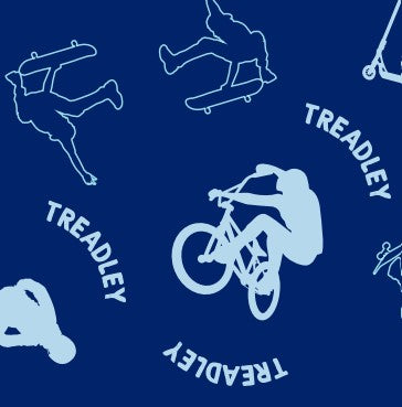 Treadley BMX Hat solid and outlined bmx riders in light blue on navy fabric